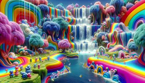 In a whimsical twist, the iconic Rainbow Veil Falls bursts to life in a vivid Lowbrow Art style. Each cascading layer of water is adorned with bold, playful colors and exaggerated forms, while quirky, cartoonish creatures frolic nearby. The scene radiates joy and fantasy, inviting viewers into a surreal world where nature's beauty meets irreverent charm.