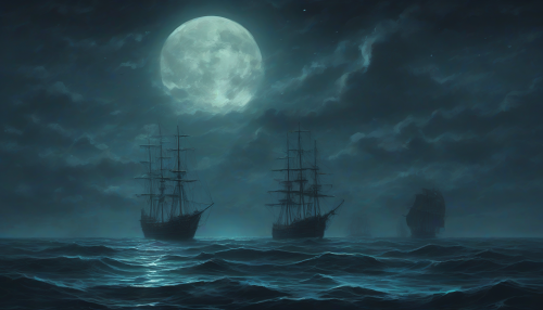 A dark ocean under a moonless sky, where bioluminescent waves lap against the shore. Ghostly ships drift silently in the distance, their sails glowing with an eerie light.