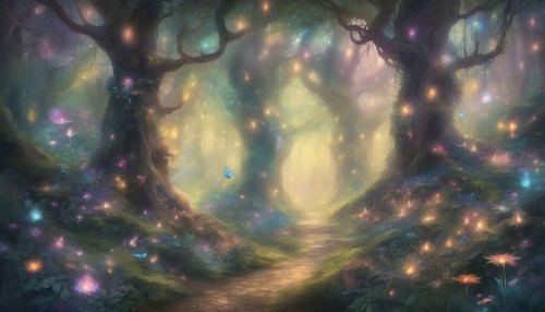 An enchanted forest with towering, glowing trees and ethereal mist swirling around their roots. Luminescent flowers light up the path, and magical creatures like fairies and unicorns move gracefully through the foliage.