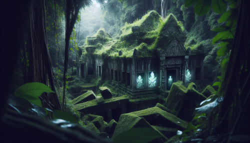 A forgotten city hidden in the jungle, its stone buildings overgrown with moss and vines. Crystals embedded in the ruins emit a soft glow, while ghostly figures seem to move in the distance.