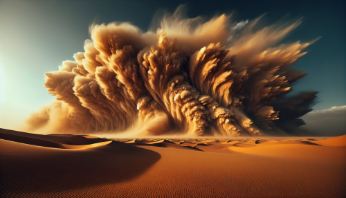 Golden sands of the desert are swept up into a fierce sandstorm. Rolling walls of dust obscure the sky, and the wind hurls grains of sand through the air, turning the world into a hazy, sepia-toned vortex.