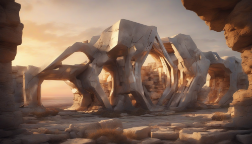 A futuristic structure emerges from ancient ruins, as sunset casts a warm glow on the juxtaposition of crumbling stones and sleek metallic surfaces, blurring the lines between past and future in a breathtaking harmony of contrast and innovation.