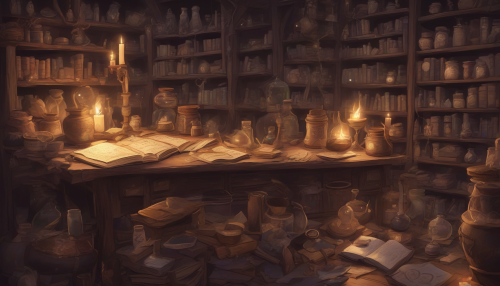 A cluttered room filled with bubbling cauldrons, glowing runes, and shelves lined with ancient tomes and jars of mysterious ingredients. A beam of moonlight illuminates an open grimoire on the desk.