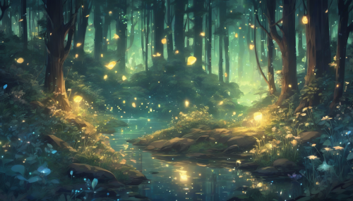 A magical anime-style forest with glowing plants, crystal-clear streams, and mythical creatures peeking from the trees. Fireflies illuminate the night air.