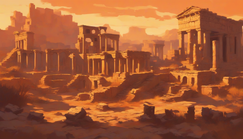 Warm sunlight casts a golden glow on ancient ruins, as crumbling structures and mysterious artifacts stand against a vibrant orange sky, with long shadows stretching across the landscape, evoking a sense of history and mystery.