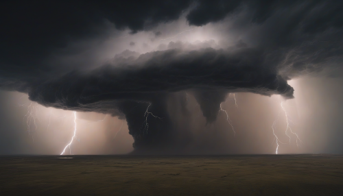 A vast plain engulfed in a ferocious storm. Massive dark clouds churn, lightning splits the sky, and torrential rain pours down as a tornado of dust and wind sweeps through, showcasing the unparalleled power of nature.