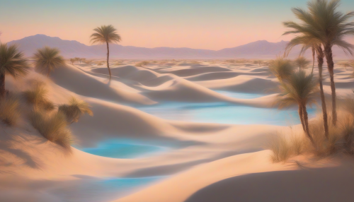 Softly shimmering dunes meet vibrant gradient hues, evoking an ethereal oasis in the desert's heart, where palm trees stretch towards the sky and mysterious waters glimmer with an otherworldly essence.