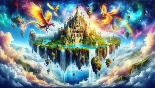 A floating island suspended in the sky, surrounded by vibrant clouds and waterfalls cascading into the void below. A majestic castle crowns the island, with flying creatures soaring around it.