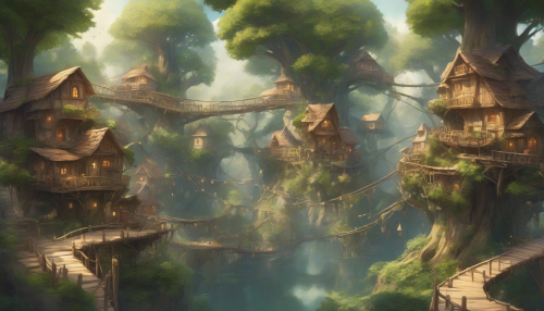 A serene village nestled within a grove of massive, ancient trees. Delicate bridges of light connect treehouses, and the air is filled with the gentle hum of magic.