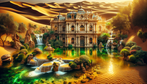 In an enchanting landscape where opulence meets the unseen, a lavish oasis emerges amidst endless golden sands. Grandiose Baroque architecture adorned with intricate motifs and lavish materials stands sentinel by shimmering waters. Cascading fountains, encircled by lush, verdant foliage, reflect a kaleidoscope of colors under a sunlit sky, while whispers of ancient secrets linger in the warm desert breeze.