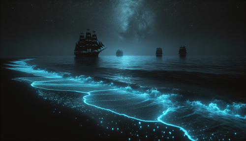 A dark ocean under a moonless sky, where bioluminescent waves lap against the shore. Ghostly ships drift silently in the distance, their sails glowing with an eerie light.