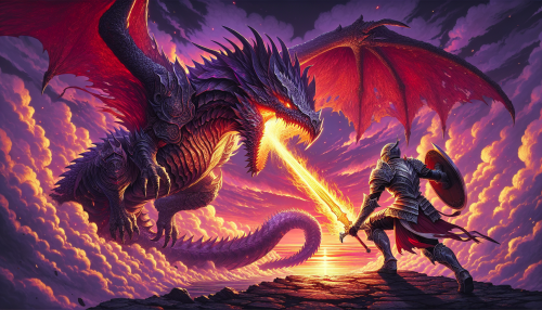 An anime-style epic battle scene with a fiery sunset backdrop. A warrior wields a glowing sword against a massive dragon breathing streams of fire.