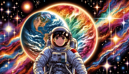 An anime-style depiction of a young astronaut floating above a vibrant planet, surrounded by twinkling stars and glowing nebulae.