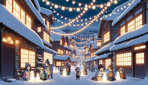 An anime-style snow-covered village, with glowing windows and children building snowmen under twinkling string lights hung across the streets.