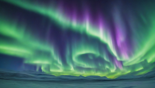 On a quiet Arctic plain, the night sky comes alive with a dazzling display of auroras. Green, purple, and blue lights swirl like dancers across the starry expanse, as if nature itself is performing a grand show.