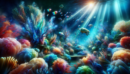 Dive into a mesmerizing world where prismatic coral reefs bloom like vibrant flowers, their delicate structures home to a myriad of marine life. Iridescent fish dart through the intricate branches, while ethereal sea turtles glide gracefully above. Sunlight filters through the surface, casting a kaleidoscope of colors that dance across the seafloor, creating a serene and magical underwater paradise.