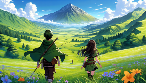 An anime-style fantasy scene featuring a young adventurer and their companion trekking across a rolling green meadow toward a distant, mysterious mountain.