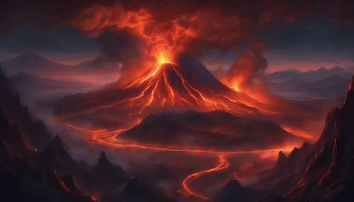 A majestic volcano erupts under the night sky, spewing fiery lava and columns of smoke high into the atmosphere. Rivers of molten rock snake down the slopes, illuminating the surrounding valleys in a fiery glow.