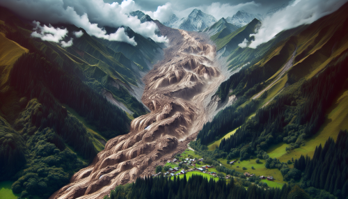 A steep mountainside collapses after days of heavy rain, sending a torrent of mud and rocks rushing downward. The roaring landslide engulfs forests and villages at the base of the mountain, shaking the ground with its force.