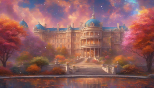 Softly glowing nebula clouds surround the palace, as seasonal blossoms bloom in vibrant colors, with autumn leaves rustling, winter snowflakes gently falling, spring flowers unfolding, and summer sunbeams dancing across its celestial architecture.