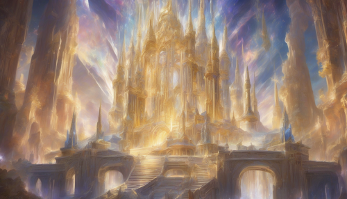 A grand temple made of shimmering crystal, perched atop a mountain. Beams of light cascade through its arches, and a radiant energy pulses at its heart, guarded by angelic figures.