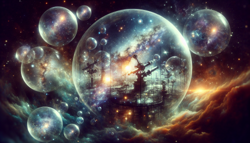 In this conceptual art piece, a sprawling celestial observatory emerges from a canvas of swirling galaxies and shimmering stars. Giant, transparent spheres encapsulate the cosmos, inviting the viewer to peer into infinite possibilities. Each element—telescopes, constellations, and ethereal light—interacts harmoniously, evoking a profound connection between humanity and the universe, embodying dreams of exploration and cosmic wonder.