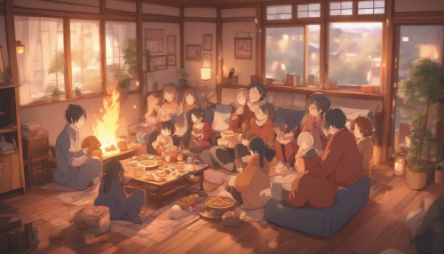 An anime-style cozy living room, filled with warm light from a crackling fireplace. A family gathers around a kotatsu table, enjoying snacks and laughter.