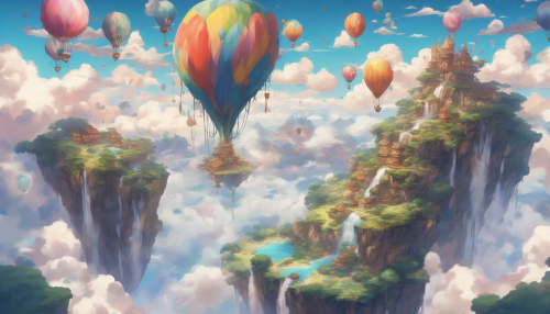 An anime-style floating island, surrounded by fluffy clouds and colorful hot air balloons. Waterfalls cascade from its edges into the endless sky below.