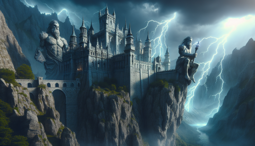 A massive castle perched on the edge of a cliff, surrounded by colossal statues of ancient giants. Thunder rumbles in the distance as lightning briefly illuminates the towering walls.