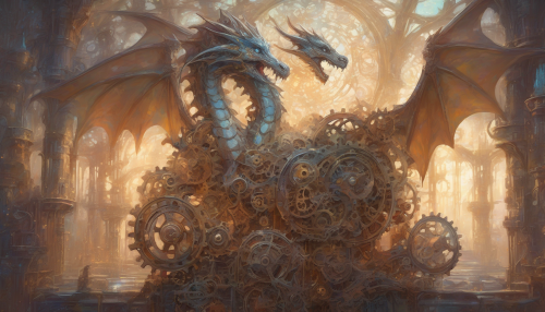 Soft, impressionist hues dance across a mystical Mechanical Dragon's Lair, where gears and cogs shimmer with an ethereal glow, as if infused with the gentle warmth of a rising sun, amidst whispered secrets and ancient magic.