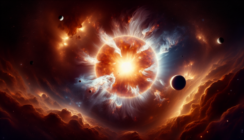 In the vastness of space, a star violently erupts, releasing fiery plasma into the void. The dazzling corona radiates brilliant light, while nearby planets appear fragile and minuscule in the overwhelming brilliance.