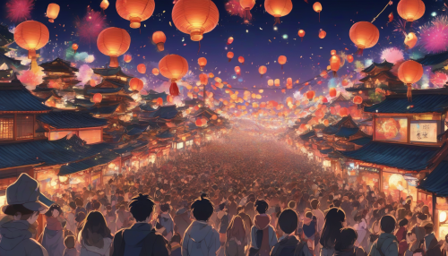 An anime-style vibrant New Year festival with colorful lanterns, lively crowds, and fireworks lighting up the night sky.