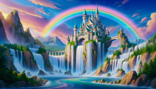 An anime-style enchanted castle perched on a cliff, with cascading waterfalls and a radiant rainbow arching across the sky.