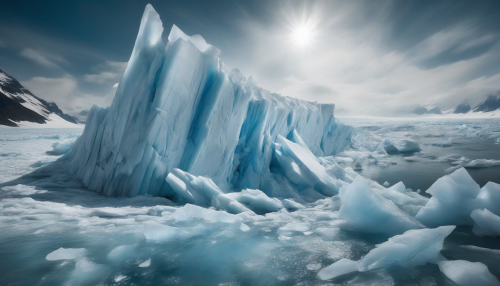 A massive glacier begins to crack and collapse under the sunlight, with enormous ice chunks crashing into the sea below. The blue-and-white ice shimmers under the light, displaying nature’s cold beauty and sheer power.