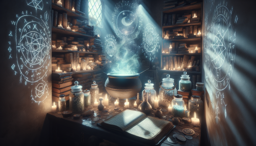 A cluttered room filled with bubbling cauldrons, glowing runes, and shelves lined with ancient tomes and jars of mysterious ingredients. A beam of moonlight illuminates an open grimoire on the desk.