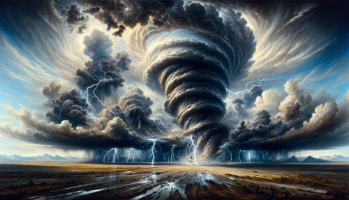 A vast plain engulfed in a ferocious storm. Massive dark clouds churn, lightning splits the sky, and torrential rain pours down as a tornado of dust and wind sweeps through, showcasing the unparalleled power of nature.