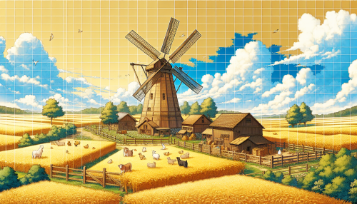 An anime-style peaceful countryside with golden wheat fields, a windmill turning in the breeze, and a small farm with grazing animals.