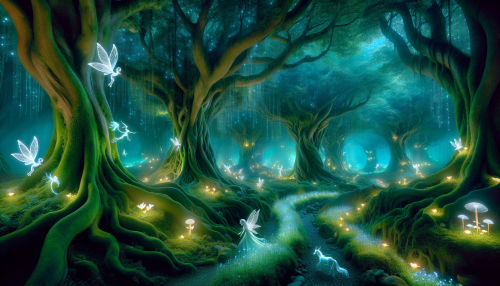 An enchanted forest with towering, glowing trees and ethereal mist swirling around their roots. Luminescent flowers light up the path, and magical creatures like fairies and unicorns move gracefully through the foliage.