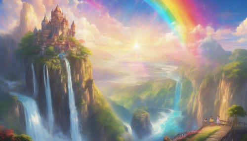 An anime-style enchanted castle perched on a cliff, with cascading waterfalls and a radiant rainbow arching across the sky.