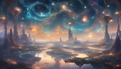 A surreal landscape where the ground is made of shimmering stardust and the sky is filled with swirling galaxies. Floating islands drift serenely, connected by glowing bridges of light.