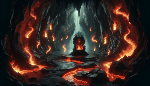 A fiery cavern with rivers of molten lava flowing through jagged rocks. A throne of obsidian stands in the center, surrounded by dancing flames and glowing ember spirits.