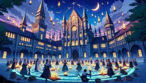 An anime-style magical academy with towering spires, floating candles, and glowing runes carved into the walls. Students practice spells in the courtyard under a vibrant twilight sky.