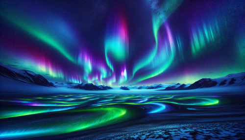 On a quiet Arctic plain, the night sky comes alive with a dazzling display of auroras. Green, purple, and blue lights swirl like dancers across the starry expanse, as if nature itself is performing a grand show.