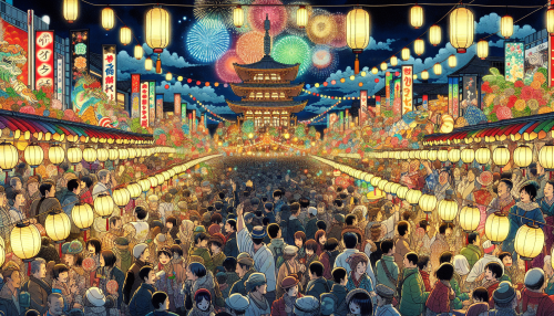 An anime-style vibrant New Year festival with colorful lanterns, lively crowds, and fireworks lighting up the night sky.