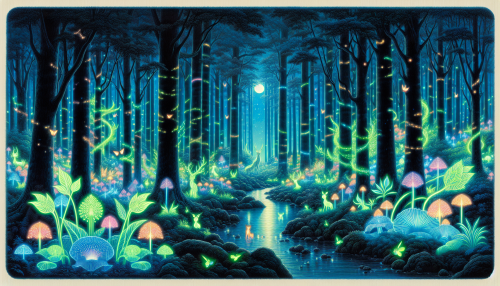 A magical anime-style forest with glowing plants, crystal-clear streams, and mythical creatures peeking from the trees. Fireflies illuminate the night air.