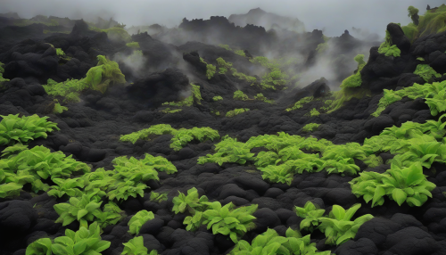 On an island destroyed by volcanic eruptions, vibrant green plants emerge from the blackened lava rocks. Mist drifts across the landscape, intertwining the resilience of life with the cyclical force of nature.