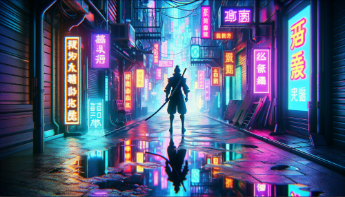 An anime-style cyberpunk alley lit by neon signs, with rain-soaked streets reflecting holographic advertisements and a shadowy figure holding a katana.