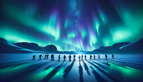 Ethereal Embrace of NightBeneath the mesmerizing dance of the aurora borealis, a pristine snowfield stretches endlessly, reflecting the vibrant hues of green and violet. Silhouetted figures traverse the glimmering landscape, their outlines stark against the luminous sky. The chill of the night air intertwines with the warmth of shared moments, creating a breathtaking tableau of adventure, serenity, and wonder in the Arctic wilderness.