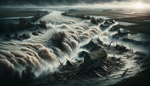 A river overflows after relentless rain, breaking through levees and engulfing villages and farmland along its banks. Torrents of water mixed with mud and debris surge forward, showing nature’s unforgiving dominance.