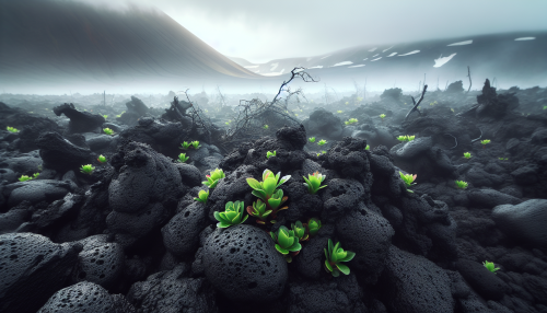 On an island destroyed by volcanic eruptions, vibrant green plants emerge from the blackened lava rocks. Mist drifts across the landscape, intertwining the resilience of life with the cyclical force of nature.